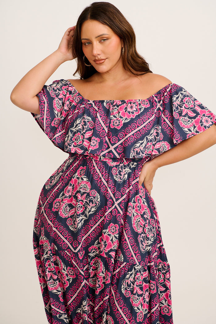 Tranquility Maxi Dress in Navy with Pink Floral Tiles Print back
