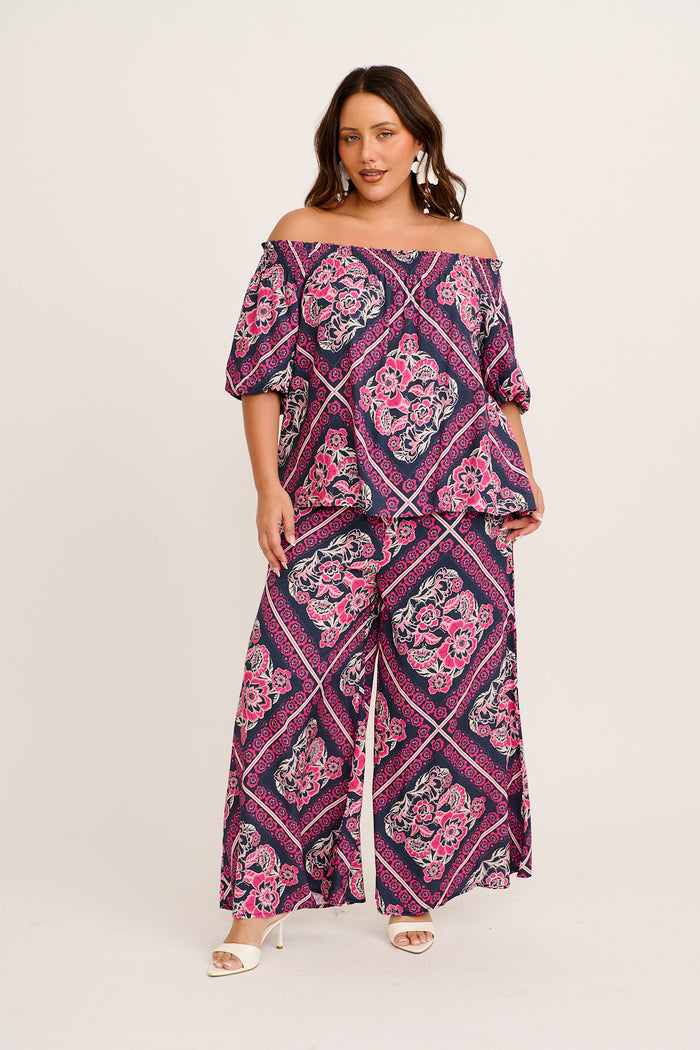 Cambree Pants in Navy with Pink Floral Tiles Print 