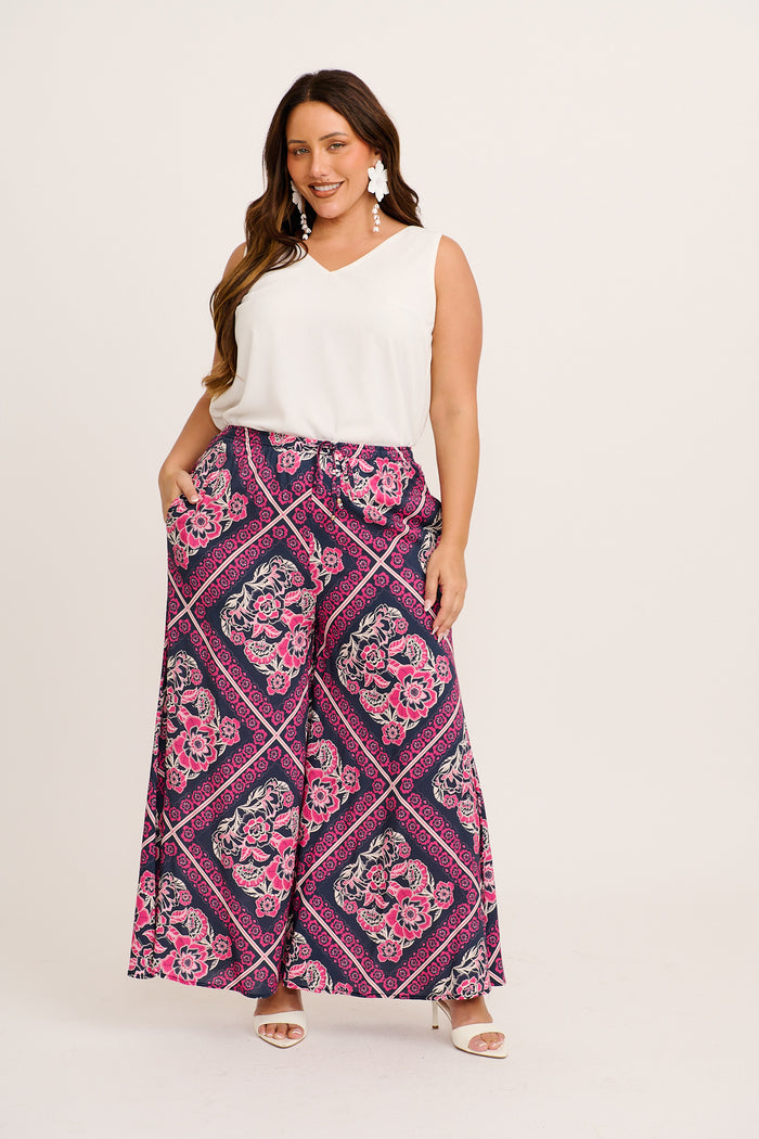 Cambree Pants in Navy with Pink Floral Tiles Print full length