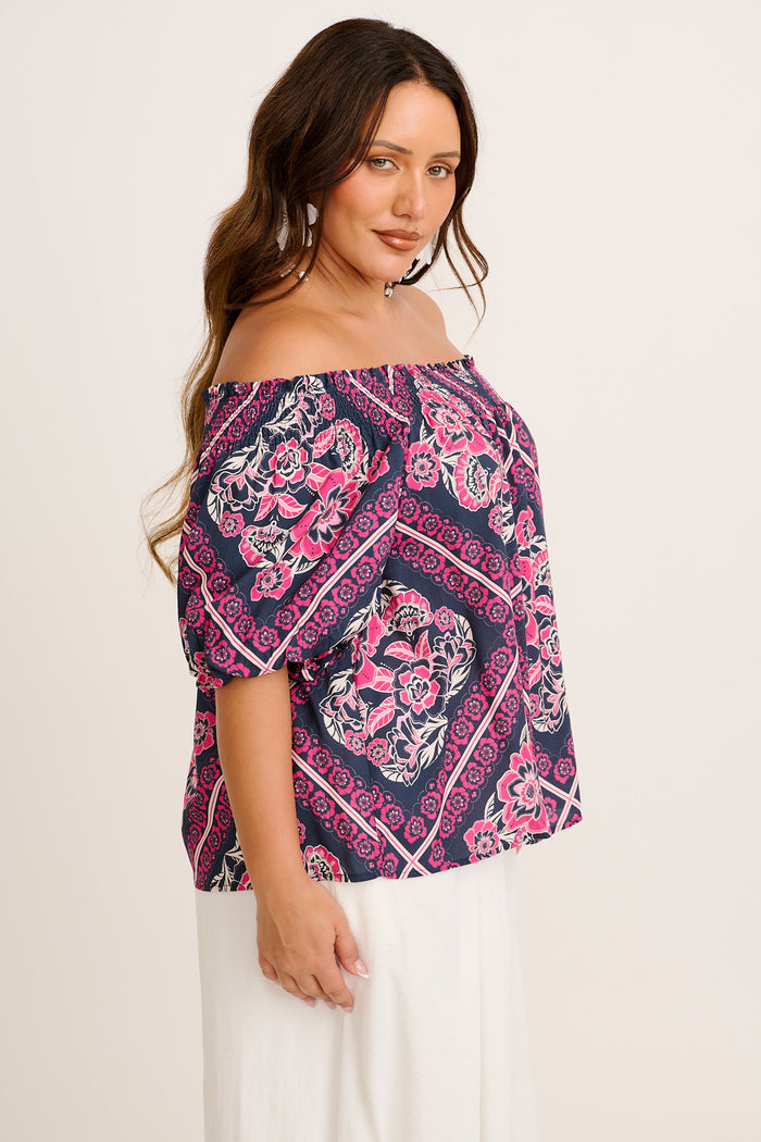 Marina Off Shoulder Top in Navy with Pink Floral Tiles Print side