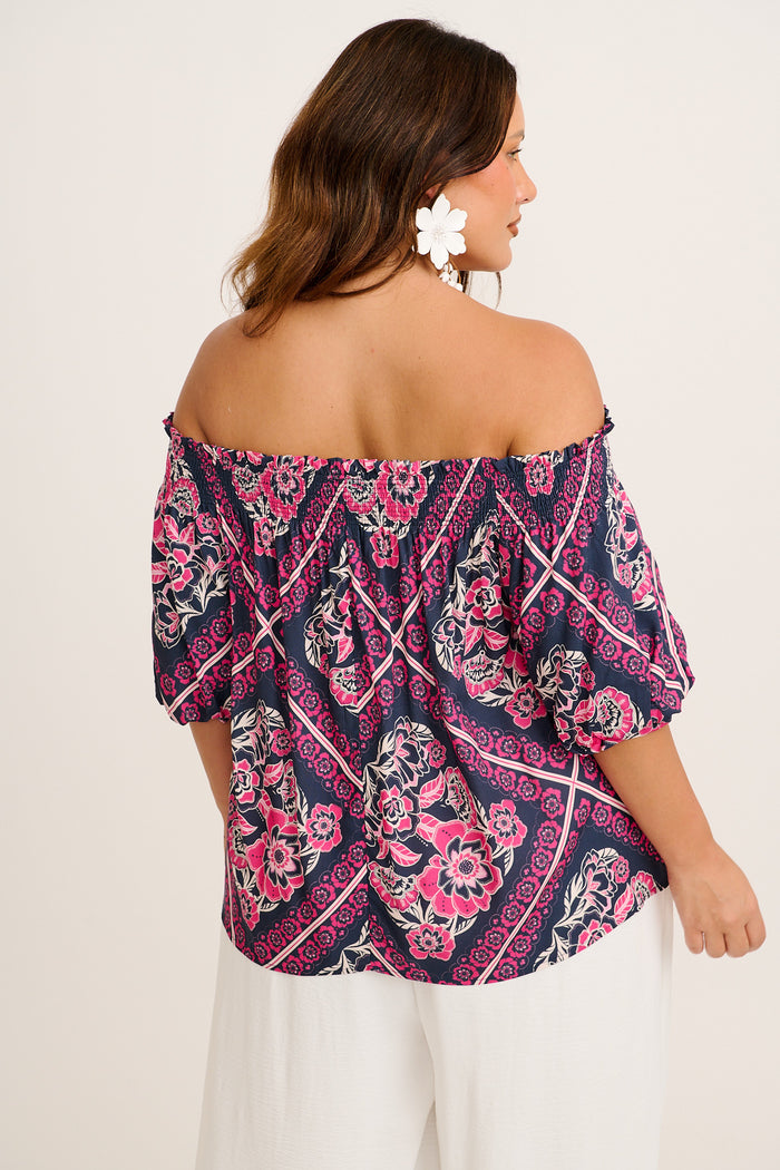 Marina Off Shoulder Top in Navy with Pink Floral Tiles Print back