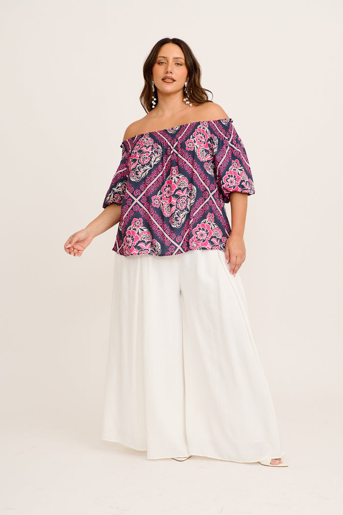 Marina Off Shoulder Top in Navy with Pink Floral Tiles Print full length