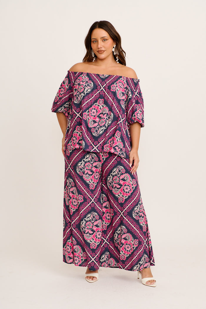 Marina Off Shoulder Top in Navy with Pink Floral Tiles Print full length set