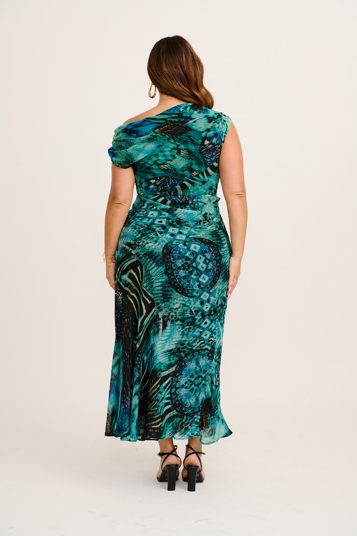 Marielle Off Shoulder Maxi Dress in Green Multi Chiffon side