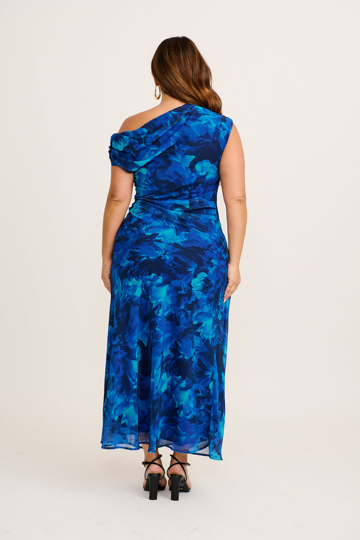Marielle Off Shoulder Maxi Dress in Blue Watercolour Chiffon side