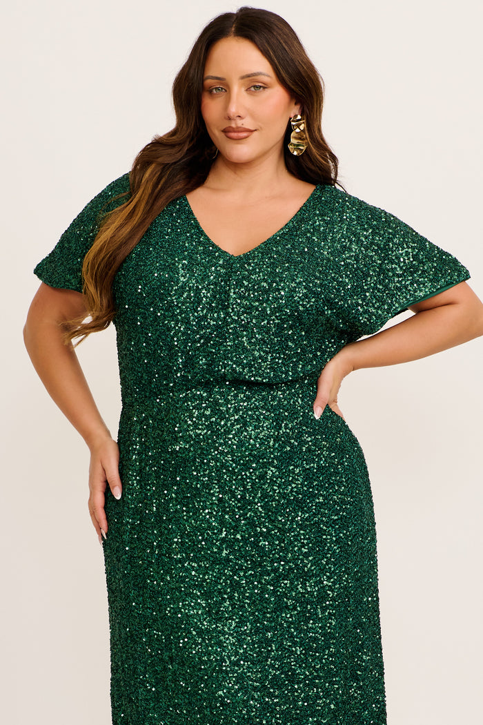Glistening Hour Reversible Maxi Dress in Emerald Sequin front