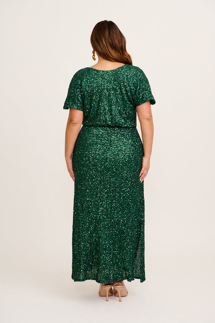 Glistening Hour Reversible Maxi Dress in Emerald Sequin back