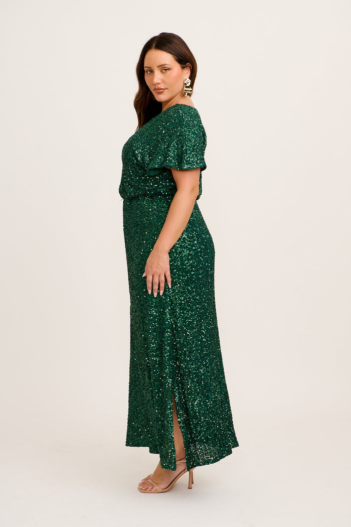 Glistening Hour Reversible Maxi Dress in Emerald Sequin side