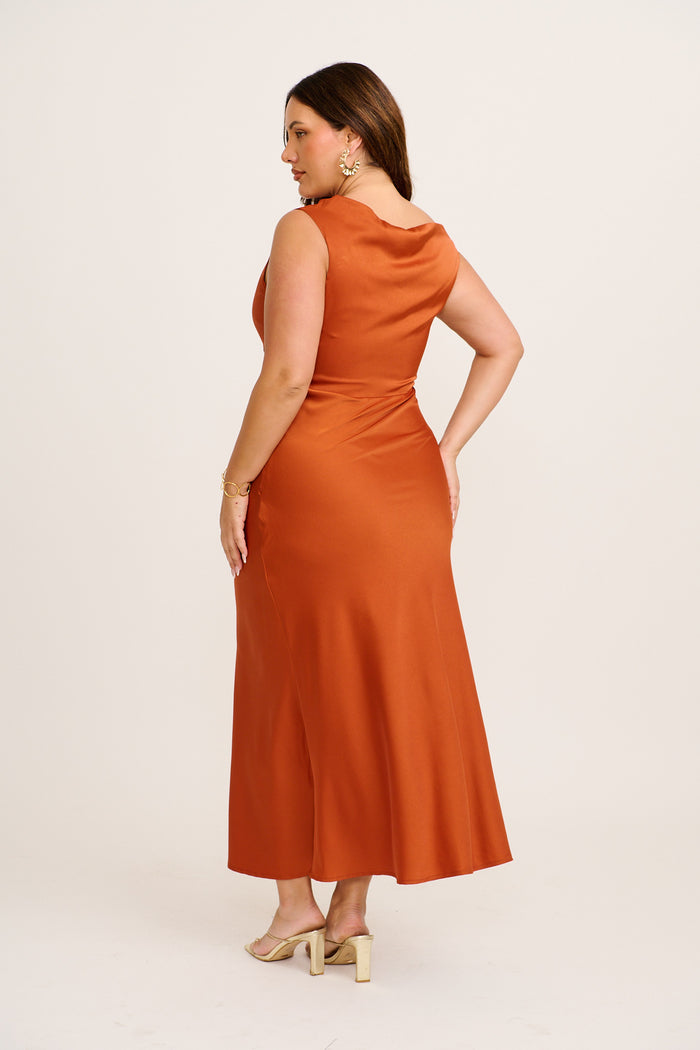 Rosé Nights One Shoulder Maxi Dress in Rust Satin side