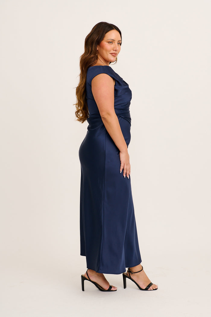 Rosé Nights One Shoulder Maxi Dress in Navy Satin side