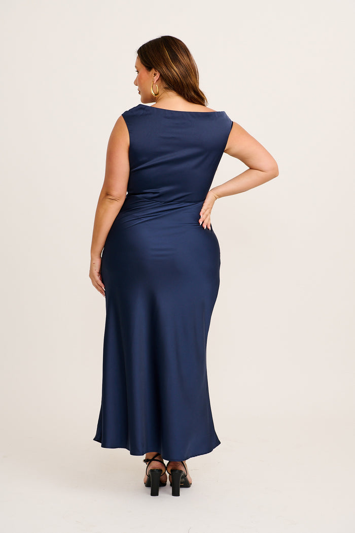Rosé Nights One Shoulder Maxi Dress in Navy Satin back