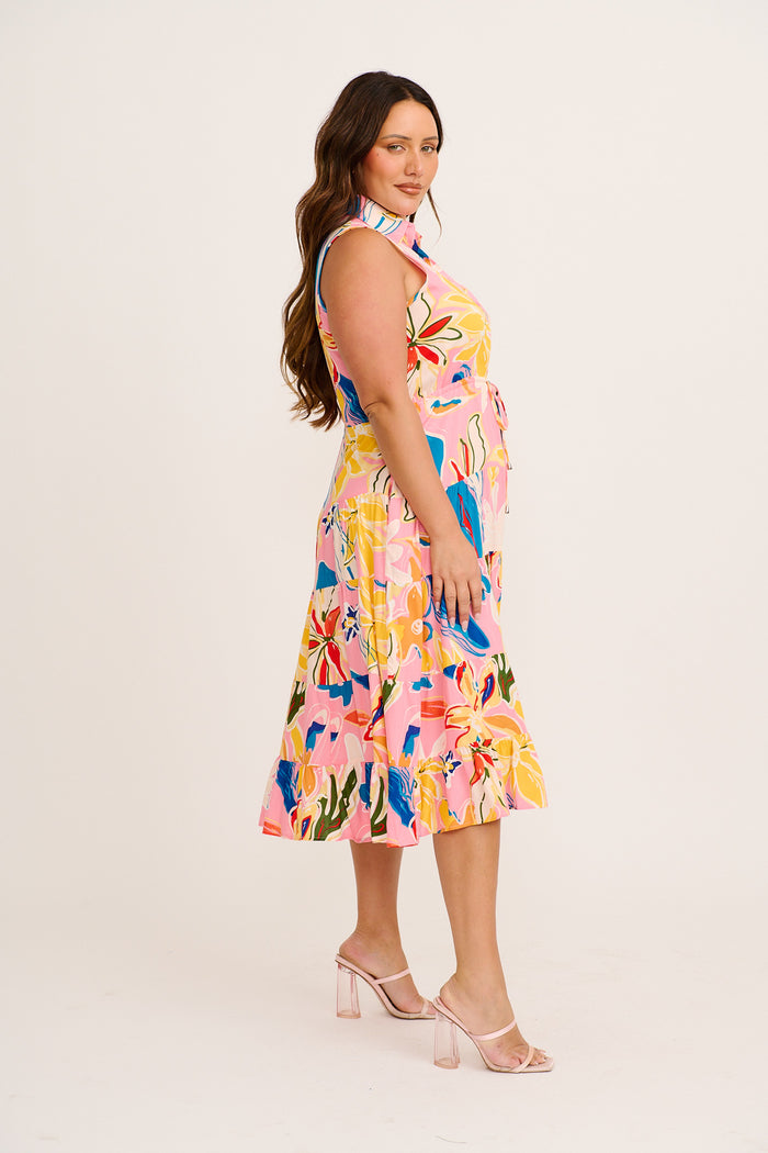 Maelle Midi Dress in Pink with Multi Print side
