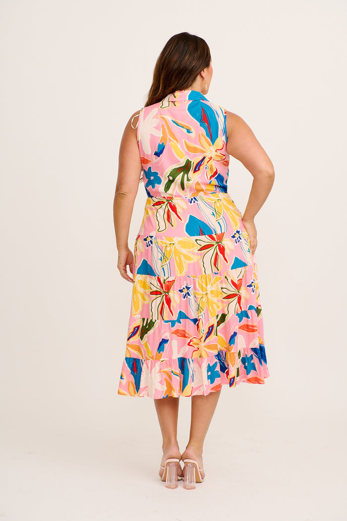 Maelle Midi Dress in Pink with Multi Print back