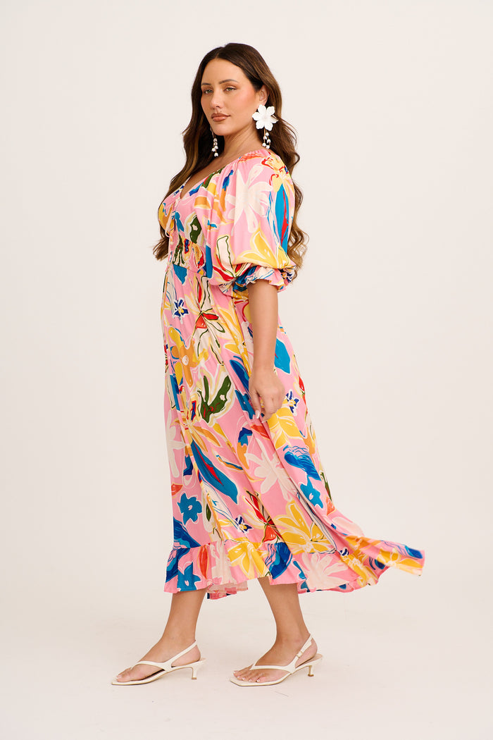 Corali Maxi Dress in Pink with Multi Print side