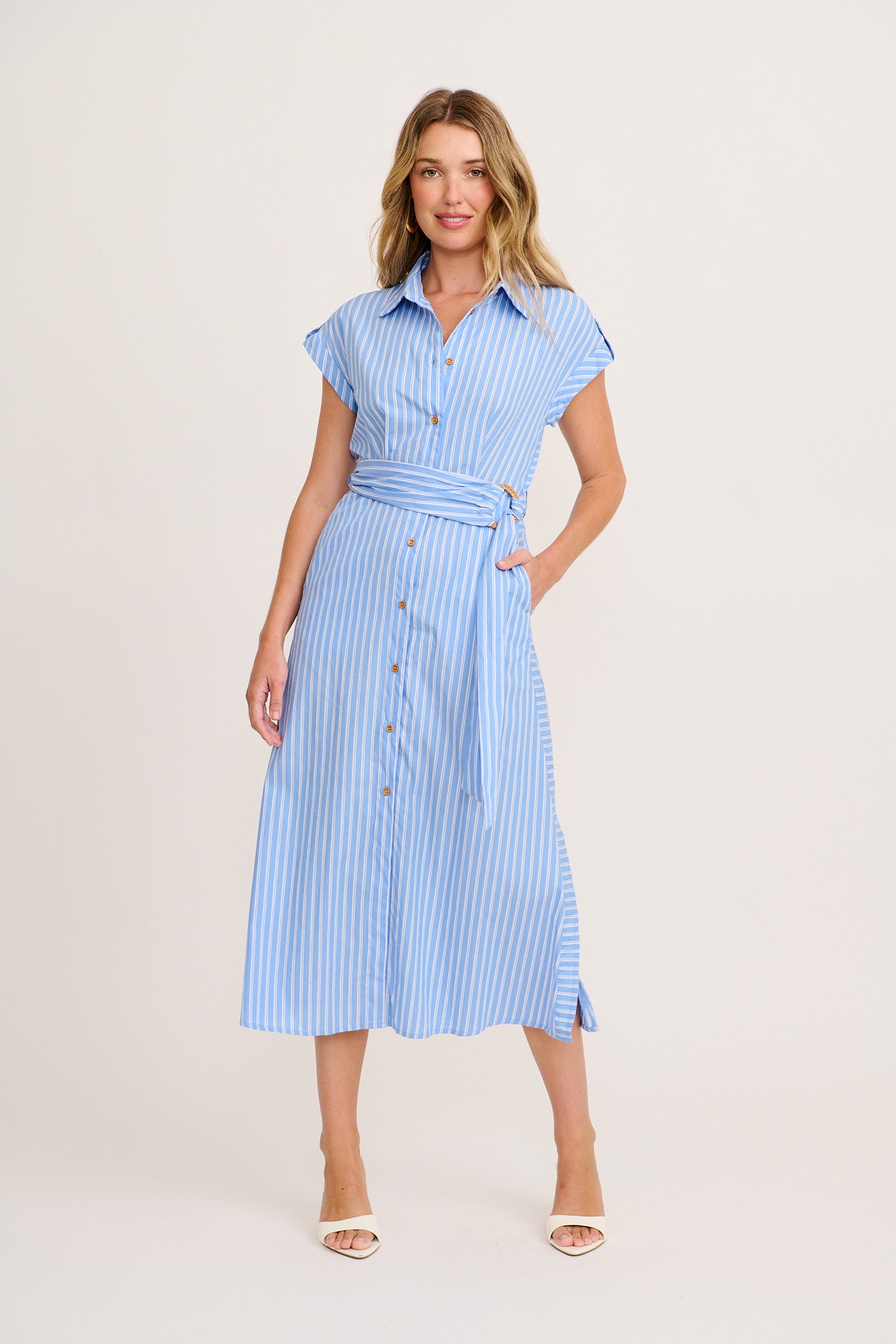 Olvera Midi Shirt Dress in Blue with White Stripe Cotton | St Frock Olvera Midi Shirt Dress in Blue with White Stripe Cotton | St Frock