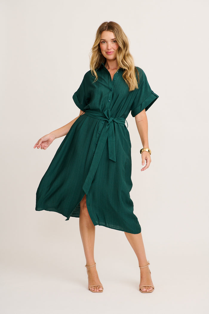 Sweet Talk Midi Shirt Dress in Emerald