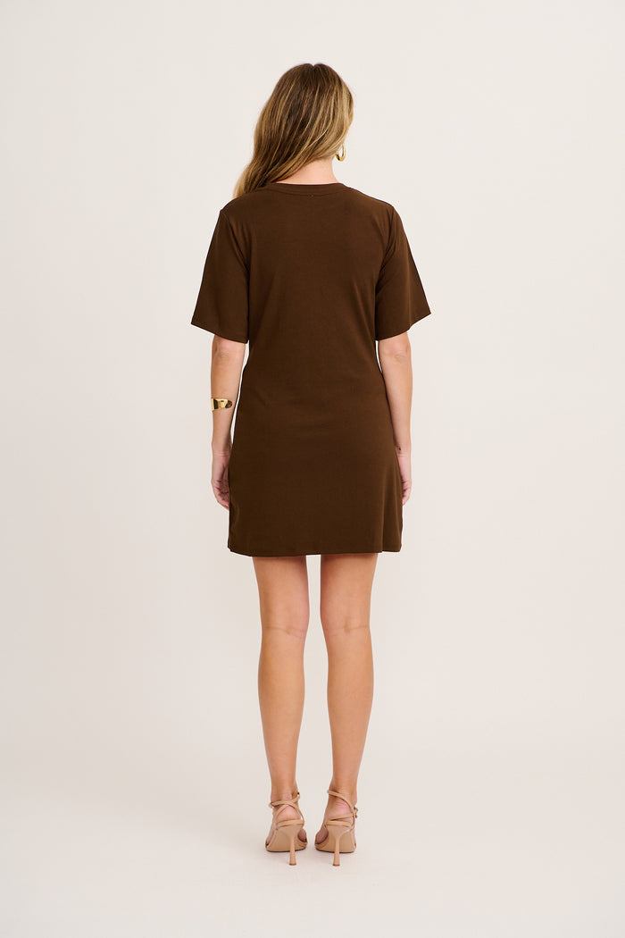 chocolate brown t shirt dress ASOS DESIGN crew neck midi T-shirt dress with ruched side in chocolate