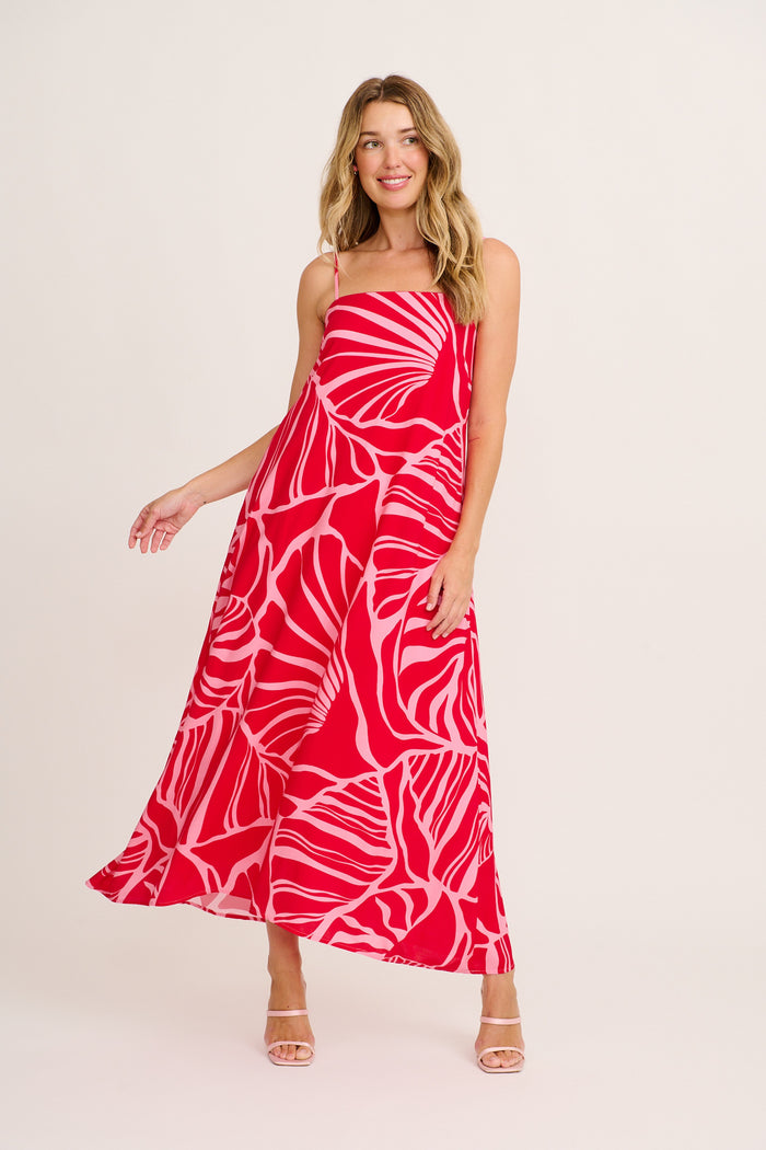 Bellona Maxi Sundress in Red with Pink Print