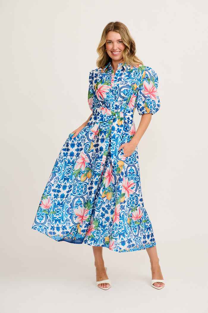 Belle Maxi Shirt Dress in Blue Multi Tiles Print Linen Blend