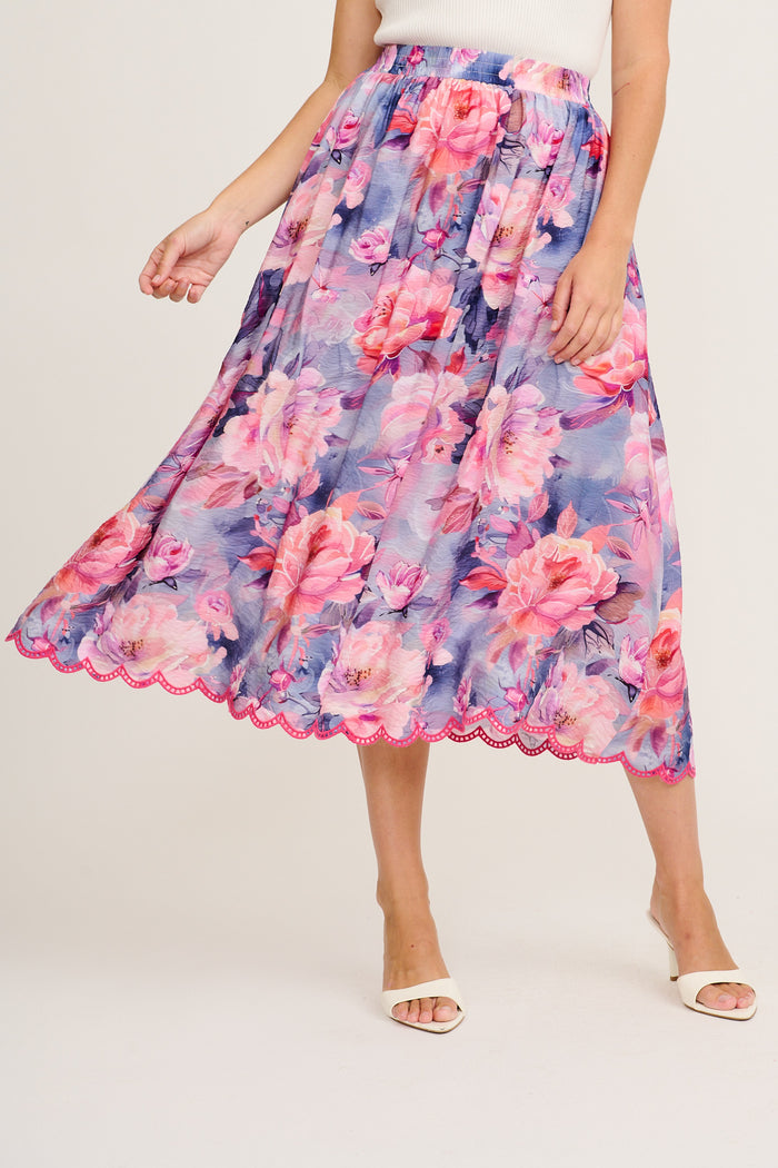 Painted Riveria Maxi Skirt in Blue with Lilac Floral