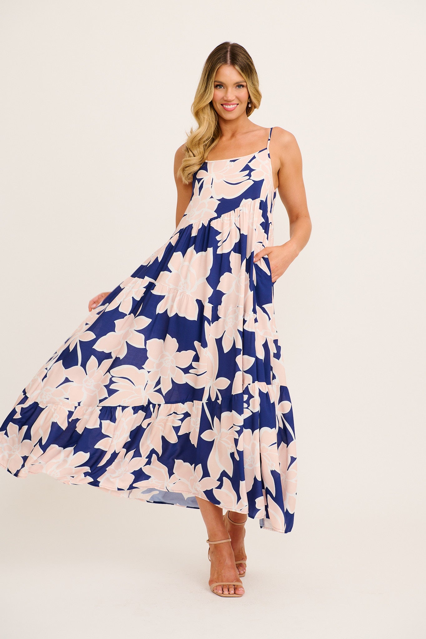 Sunset Rose Maxi Sundress in Navy with Pink Floral full length
