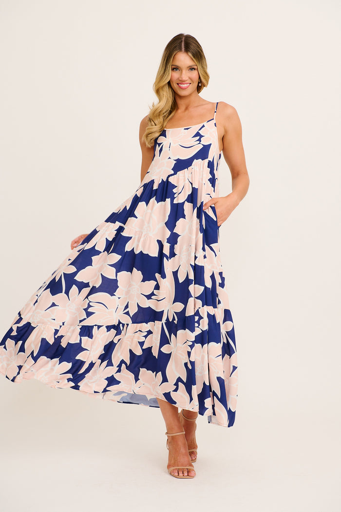 Sunset Rose Maxi Sundress in Navy with Pink Floral full length