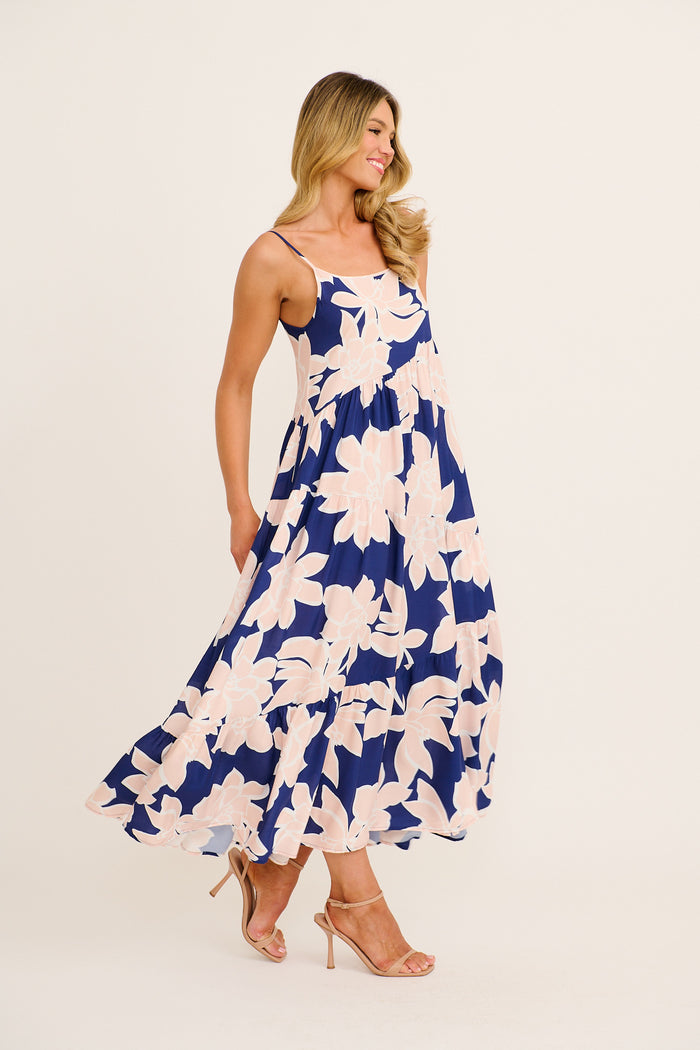 Sunset Rose Maxi Sundress in Navy with Pink Floral side