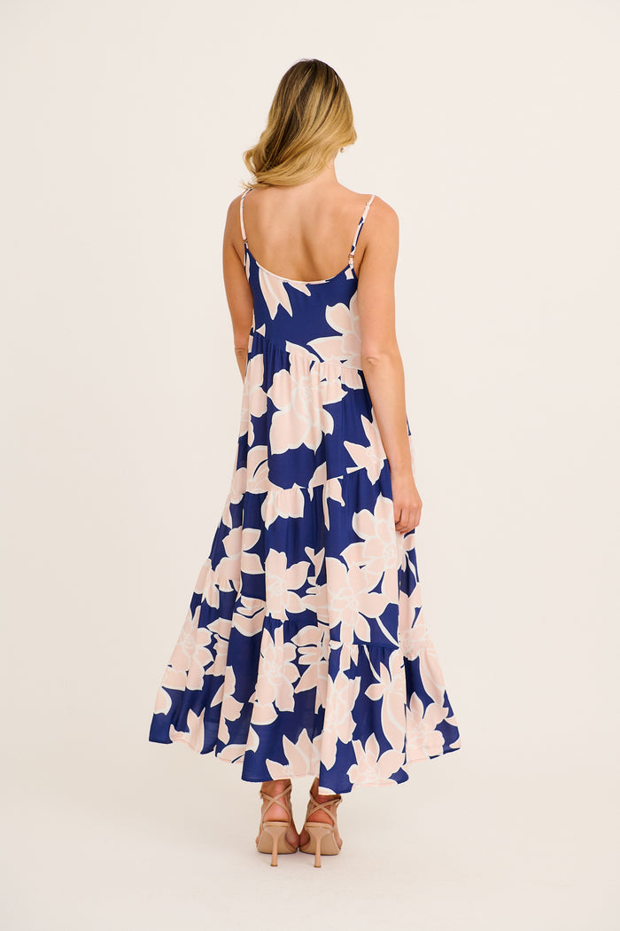 Sunset Rose Maxi Sundress in Navy with Pink Floral back