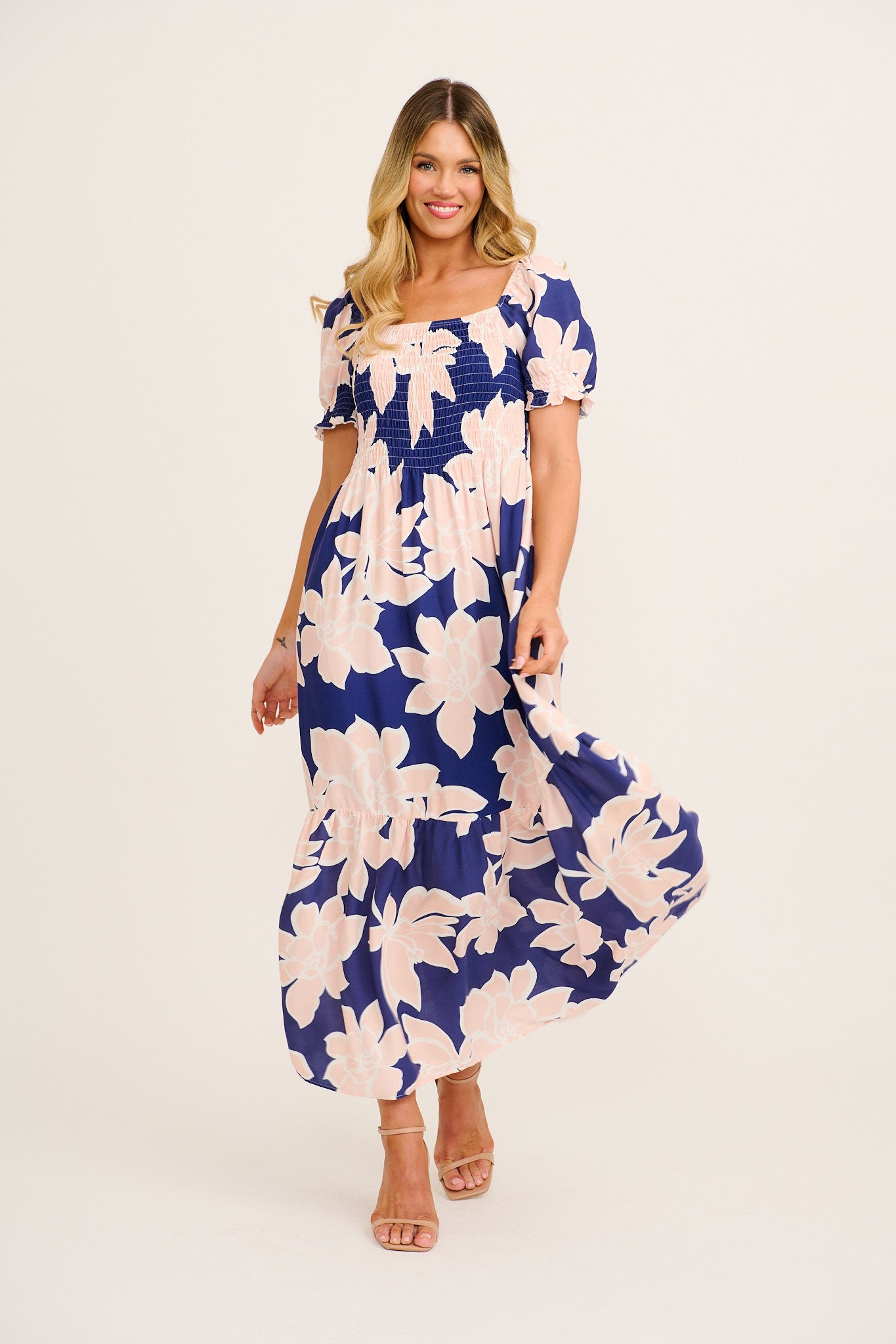 Whisper Maxi Dress in Navy with Pink Floral full length