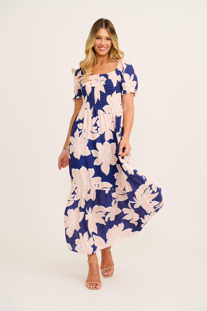 Whisper Maxi Dress in Navy with Pink Floral full length