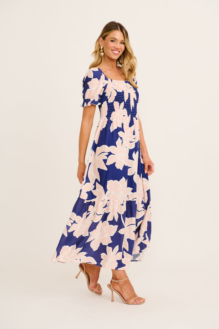 Whisper Maxi Dress in Navy with Pink Floral side