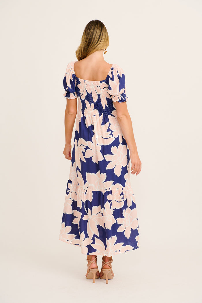 Whisper Maxi Dress in Navy with Pink Floral back