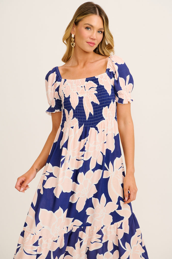 Whisper Maxi Dress in Navy with Pink Floral front