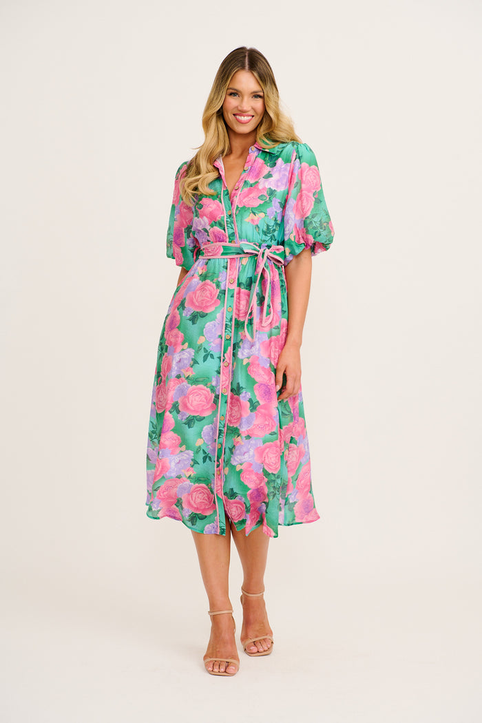 Enchanted Hour Midi Shirt Dress in Green Multi Floral Cotton Blend full length