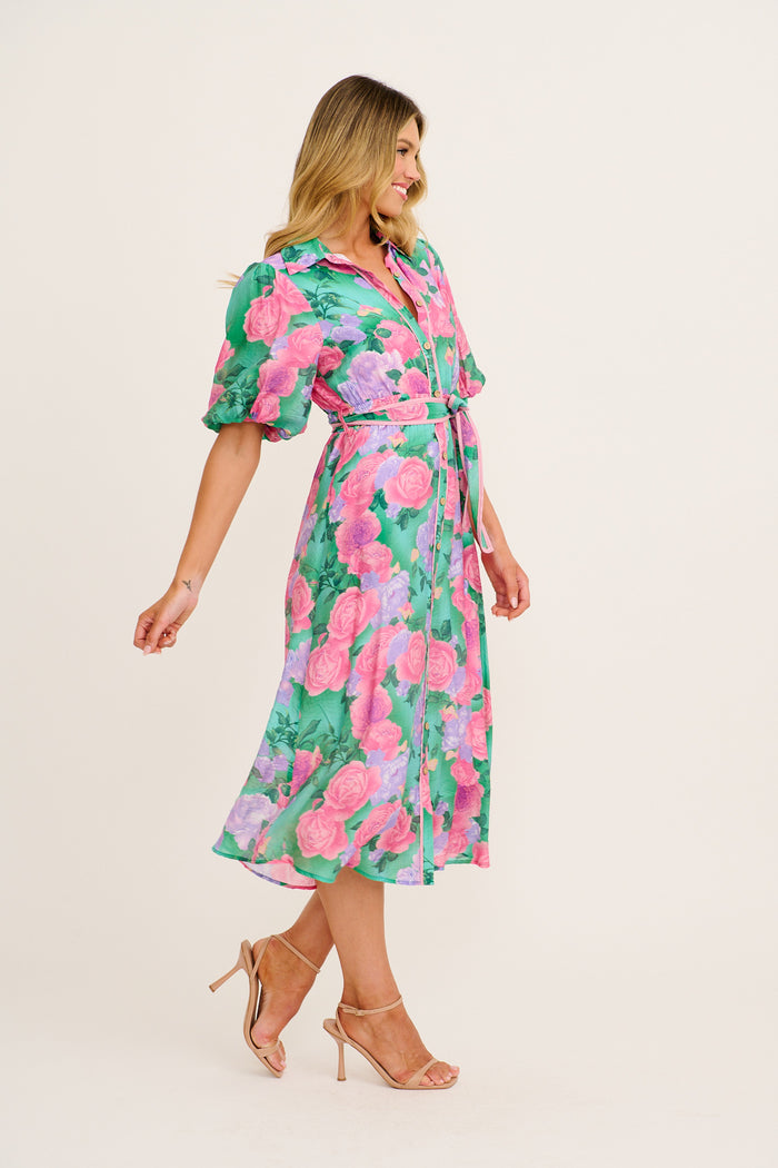 Enchanted Hour Midi Shirt Dress in Green Multi Floral Cotton Blend side
