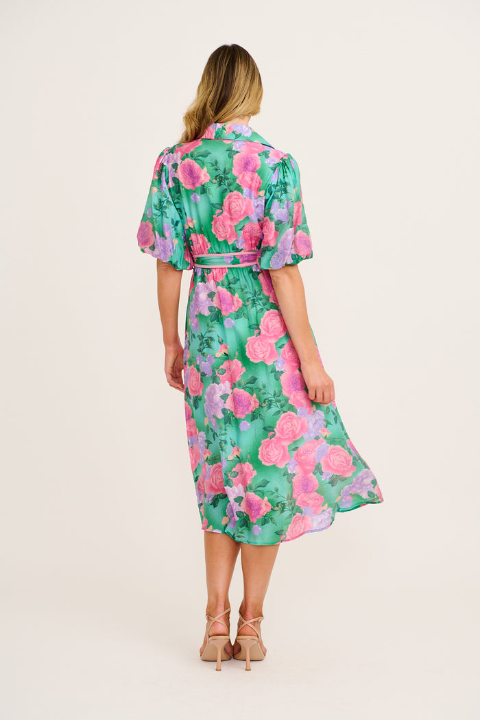 Enchanted Hour Midi Shirt Dress in Green Multi Floral Cotton Blend back