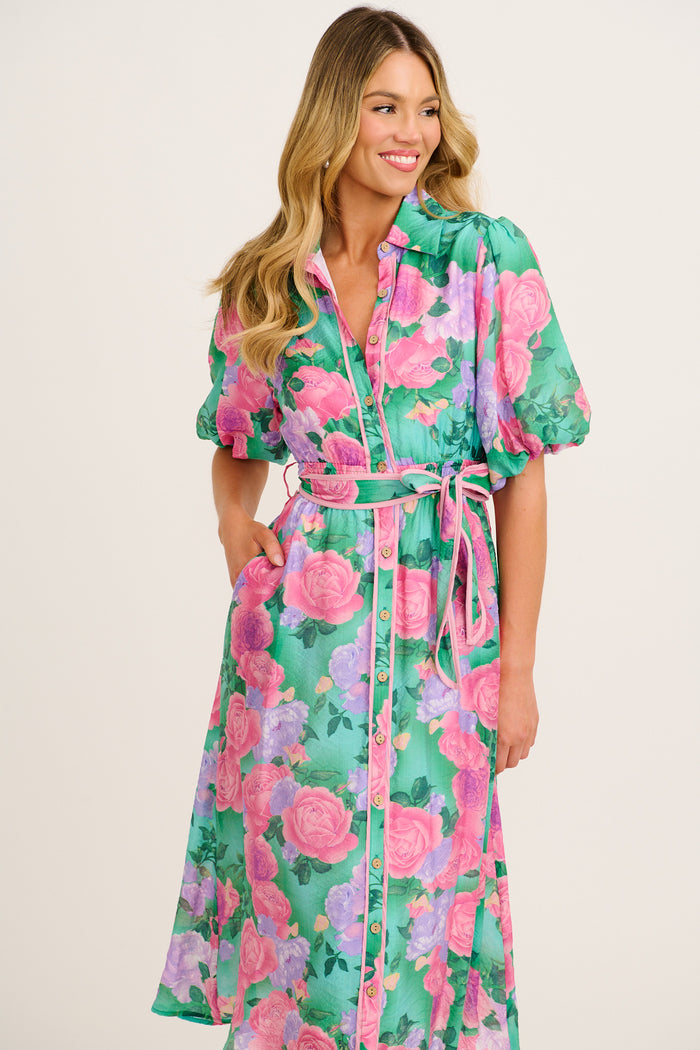 Enchanted Hour Midi Shirt Dress in Green Multi Floral Cotton Blend front