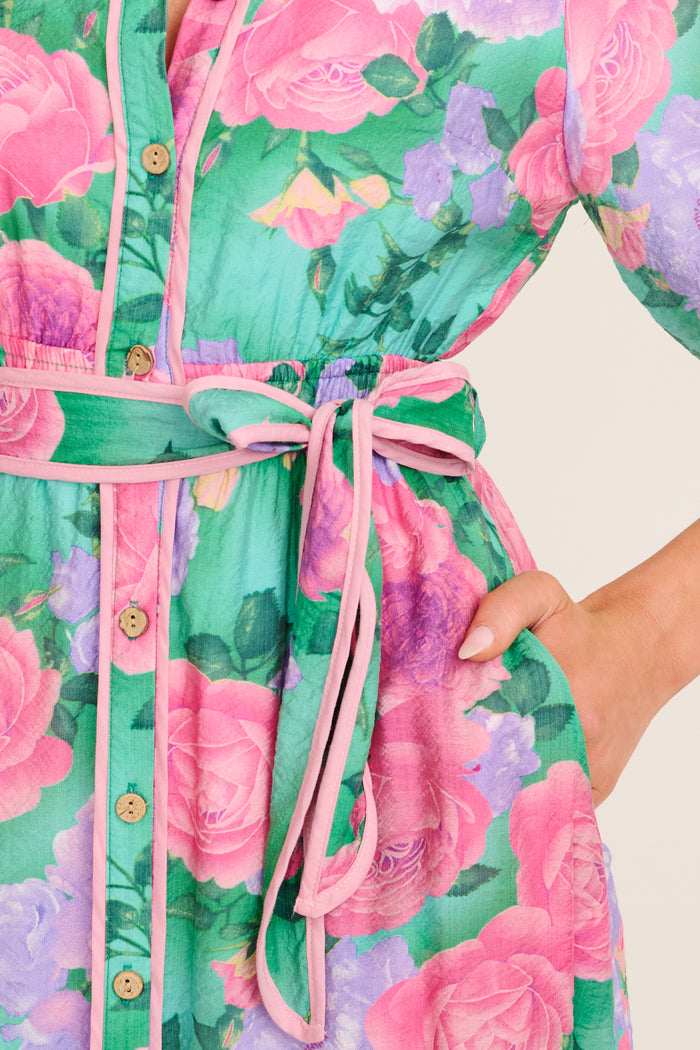 Enchanted Hour Midi Shirt Dress in Green Multi Floral Cotton Blend detail