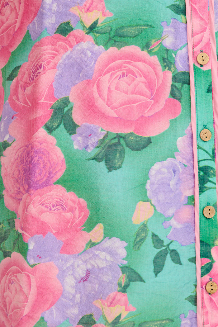 Enchanted Hour Midi Shirt Dress in Green Multi Floral Cotton Blend fabric