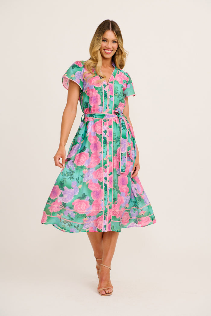 Social Hour Midi Dress in Green Multi Floral Cotton Blend full length