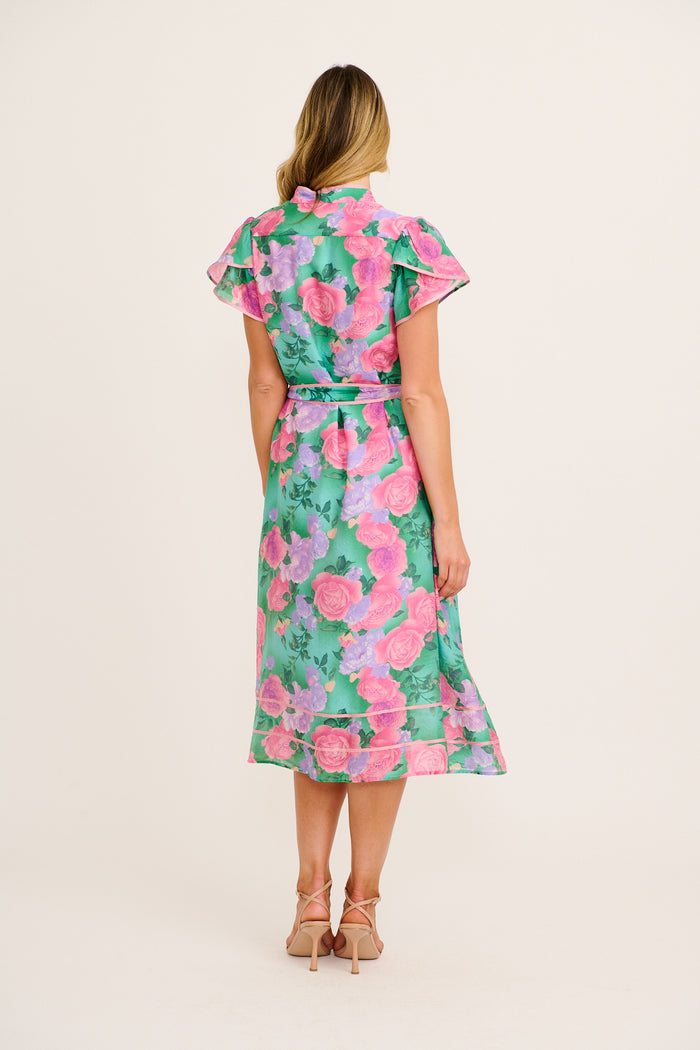 Social Hour Midi Dress in Green Multi Floral Cotton Blend back