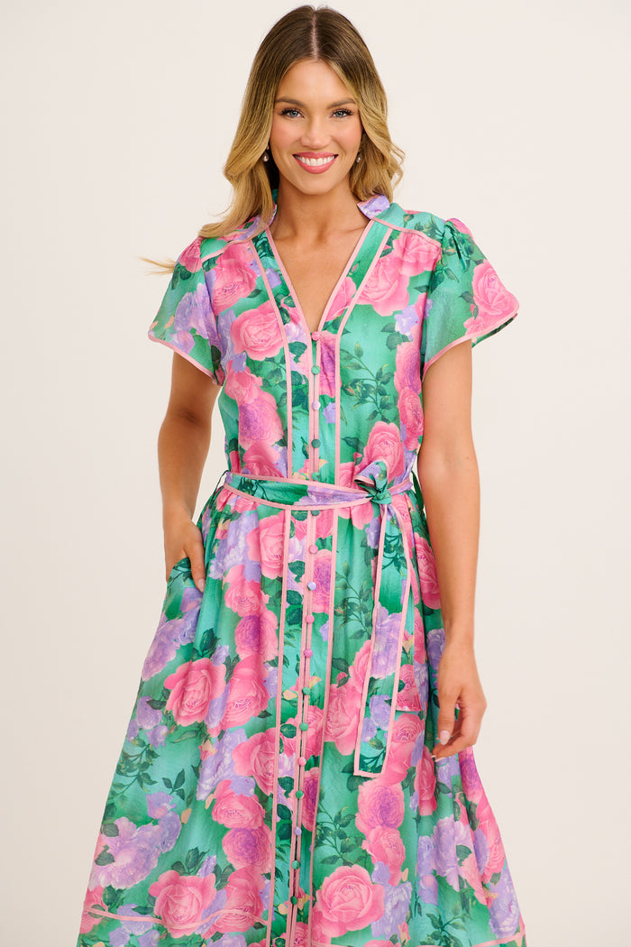 Social Hour Midi Dress in Green Multi Floral Cotton Blend front