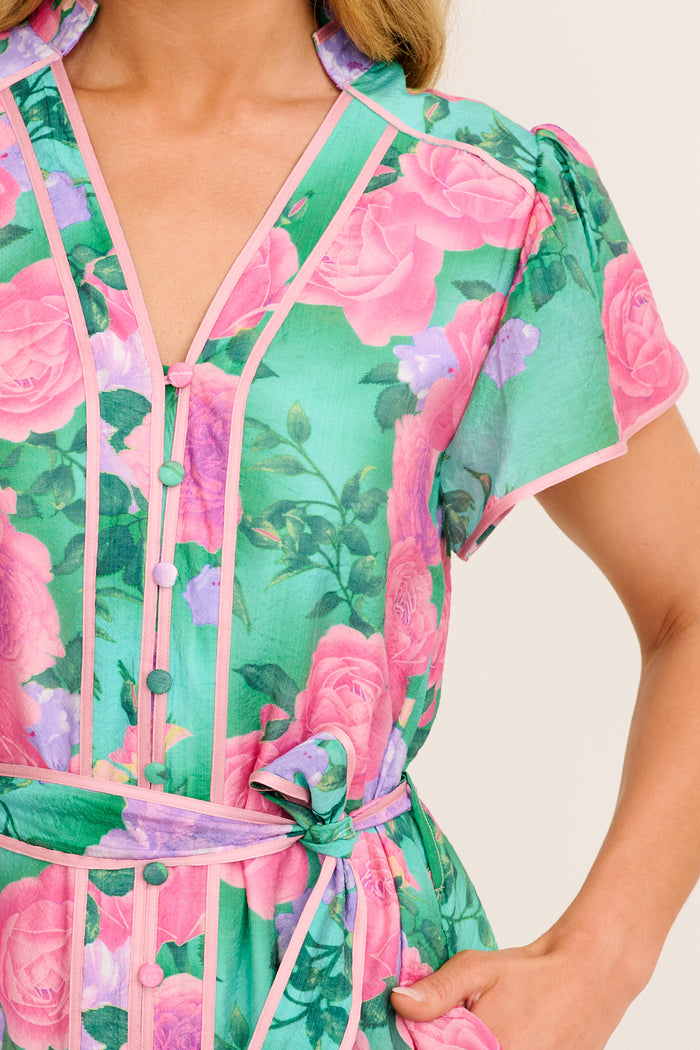 Social Hour Midi Dress in Green Multi Floral Cotton Blend detail