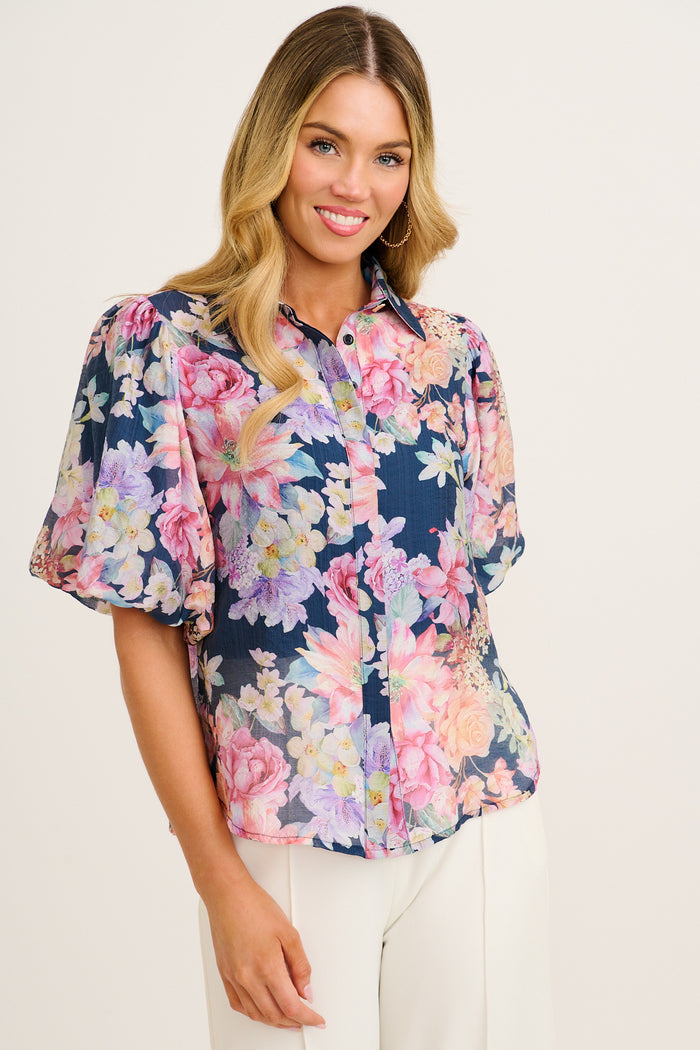Aeryn Shirt in Navy with Multi Floral front