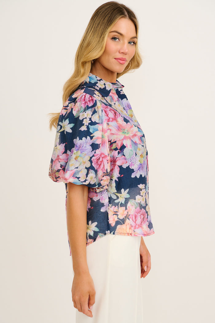 Aeryn Shirt in Navy with Multi Floral side