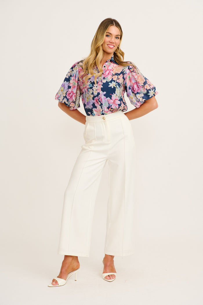 Aeryn Shirt in Navy with Multi Floral full length