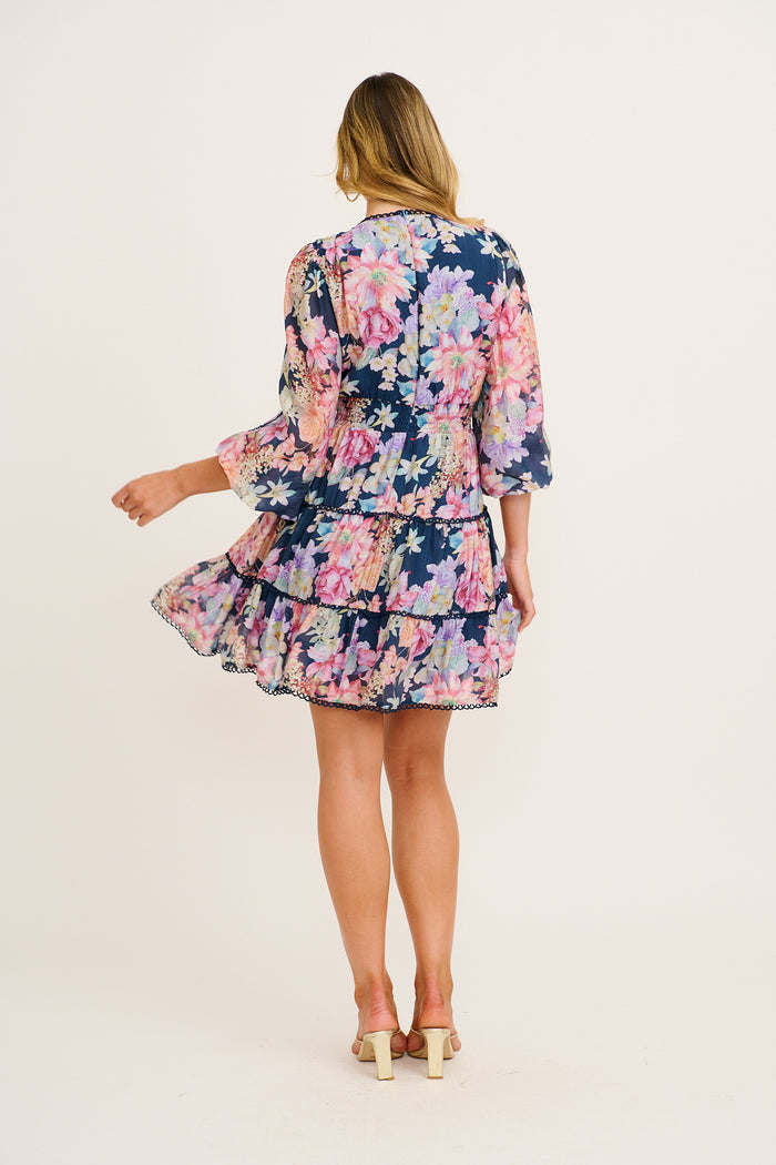 Riverstone Dress in Navy with Multi Floral back
