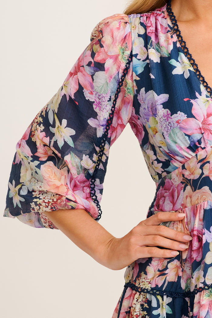 Riverstone Dress in Navy with Multi Floral detail