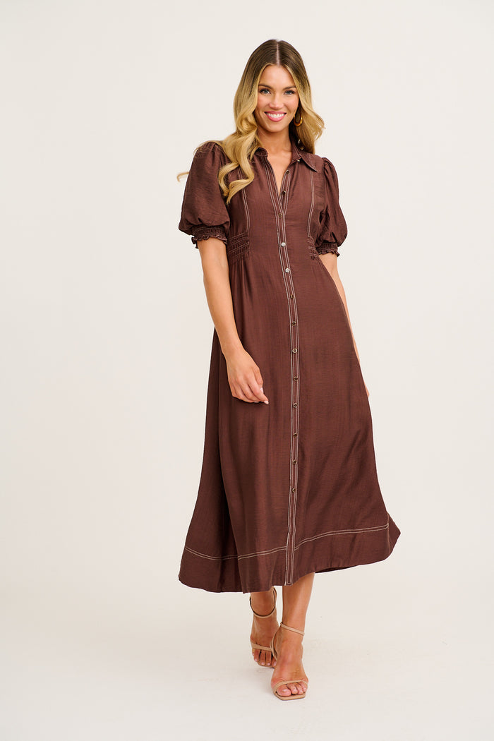 Elana Midi Shirt Dress in Chocolate full length