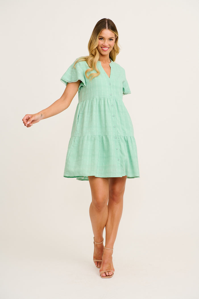 Bora Dress in Mint Textured Cotton full length